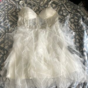 Lulu's White Lace Wedding Dress with Sheer Tulle Skirt